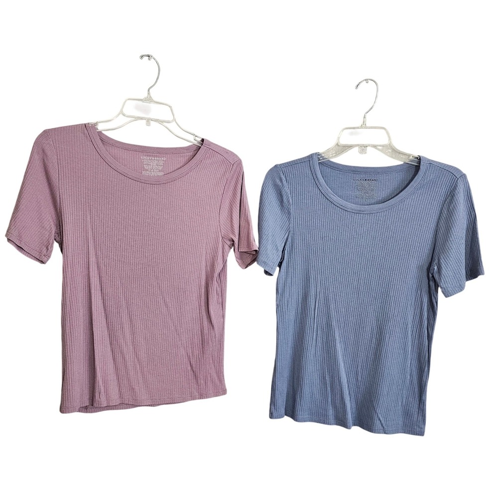 Lucky Brand Ribbed Tee Lot of 2 Womens L Pink Blue Modal Stretch Casual Tops